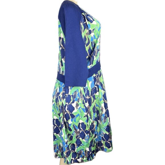 Joe Zee XL Blue-Green Abstract Floral V-Neck 3/4 Raglan Sleeve Below Knee Dress - Picture 3 of 6